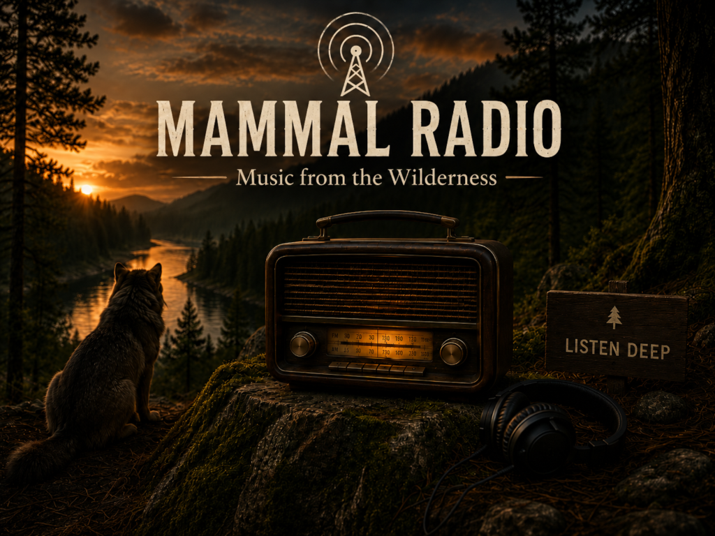 Mammal Radio vintage radio in a sunset wilderness landscape